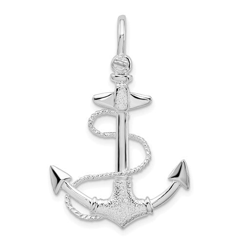 Sterling Silver Rhod-plated Polished/Textured 3D Anchor w/Rope Pendant