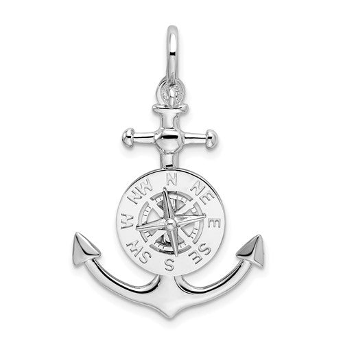 Sterling Silver Rhodium-plated 3D Small Anchor w/Compass Pendant