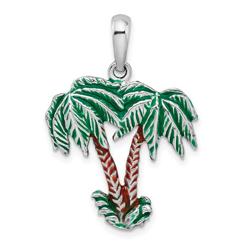 Sterling Silver Rhodium-plated Polished Enameled Palm Trees Pendant