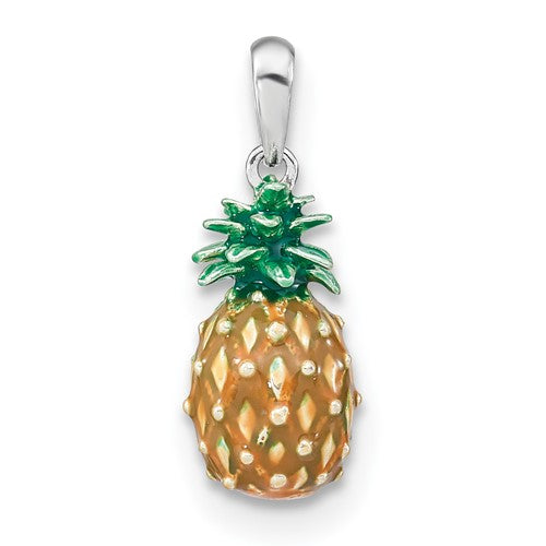 Sterling Silver Rhod-plated Polished 3D Enameled Pineapple Pendant