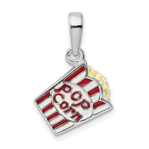 Sterling Silver Rhodium-plated 3D Enameled Bag of Popcorn Pendant