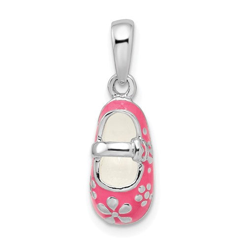 Sterling Silver Rhodium-plated 3D Pink Enameled Baby Shoe Pendant