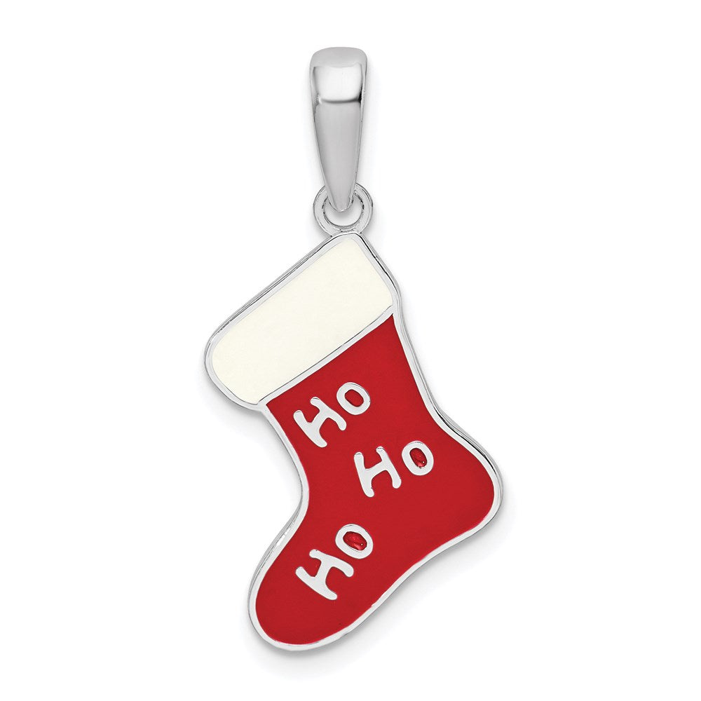Sterling Silver Rhodium-plated Enameled HO HO HO Stocking Pendant