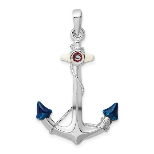 Sterling Silver Rhodium-plated Polished 3D Enameled Anchor Pendant
