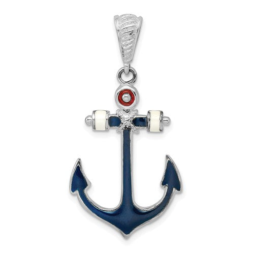 Sterling Silver Rhodium-plated Polished Enameled Anchor Pendant