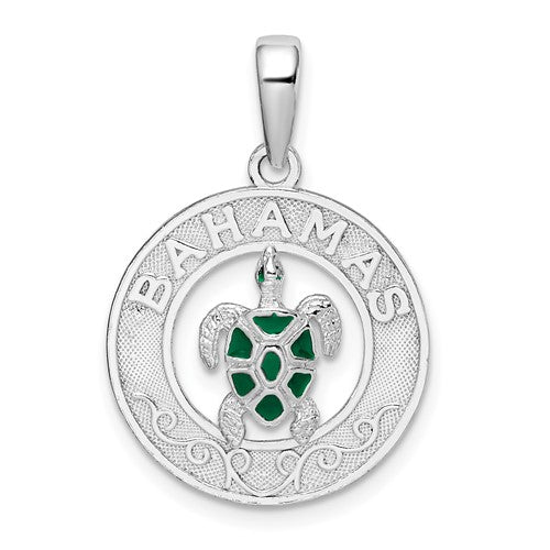 Sterling Silver Rhodium-plated Enamel Bahamas Circle w/Turtle Pendant