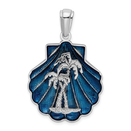 Sterling Silver Rhodium-plated Enamel Blue Shell w/Palm Trees Pendant