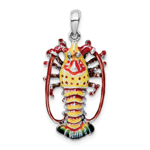 Sterling Silver Rhodium-plated Polished Enamel Florida Lobster Pendant