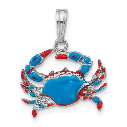 Sterling Silver Rhodium-plated Polished Enameled Blue Crab Pendant