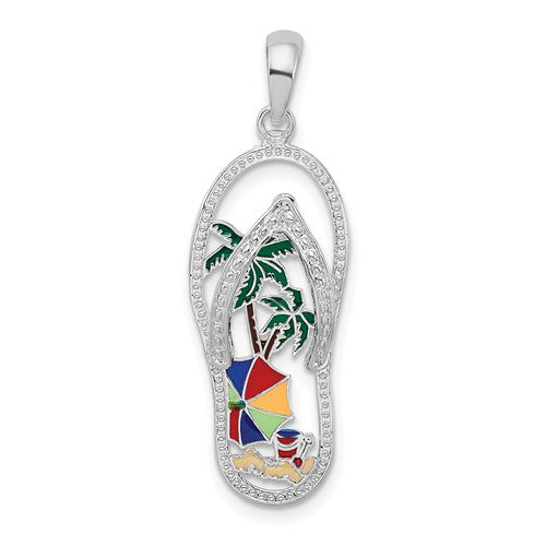 Sterling Silver Rhodium-plated Enameled Beach Scene Flip-flop Pendant