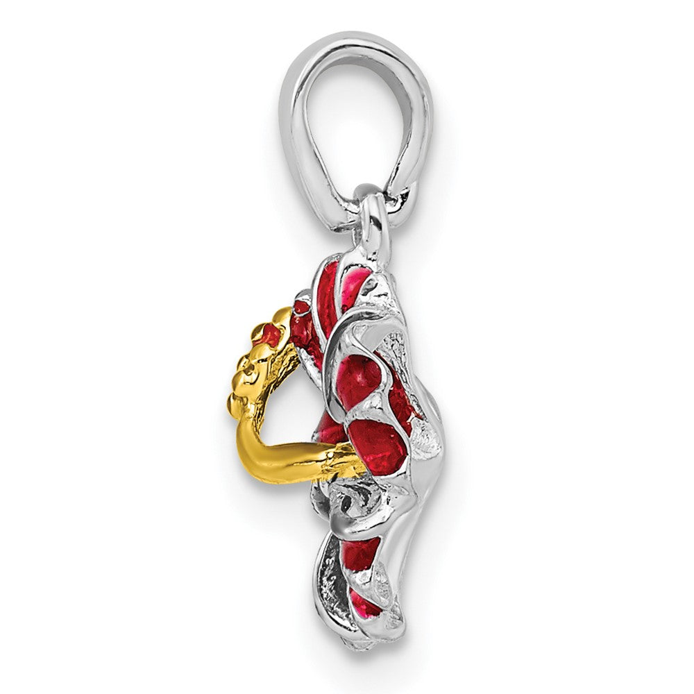 Sterling Silver Rhodium-plated Polished Enameled Red Hibiscus Pendant