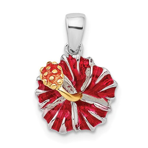 Sterling Silver Rhodium-plated Polished Enameled Red Hibiscus Pendant