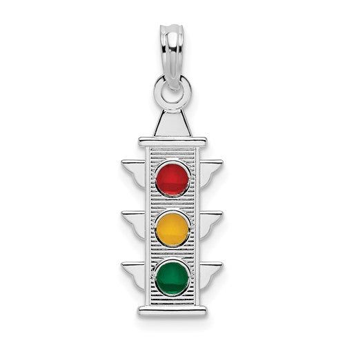 Sterling Silver Rhodium-plated Polished Enameled Traffic Light Pendant