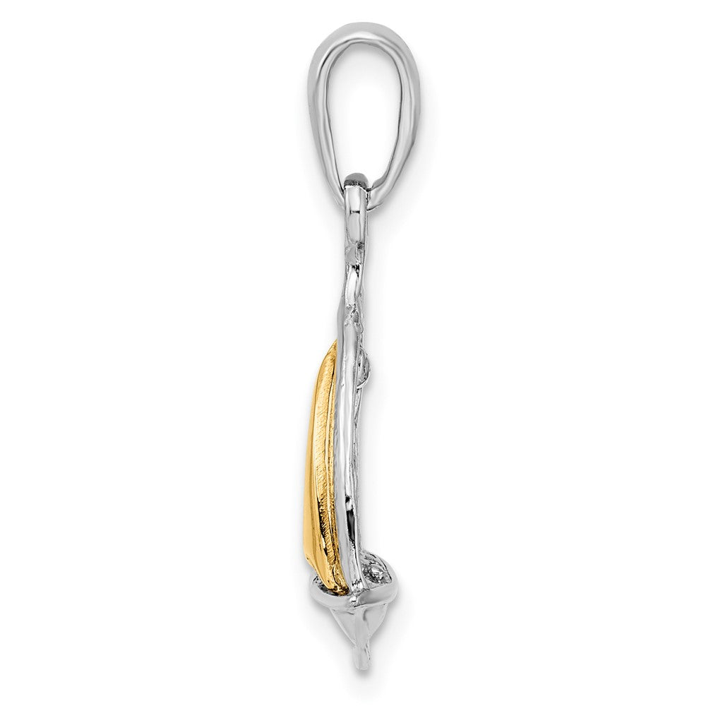 Sterling Silver Rhodium-plated Polished 3D Sailboat w/14k Sail Pendant