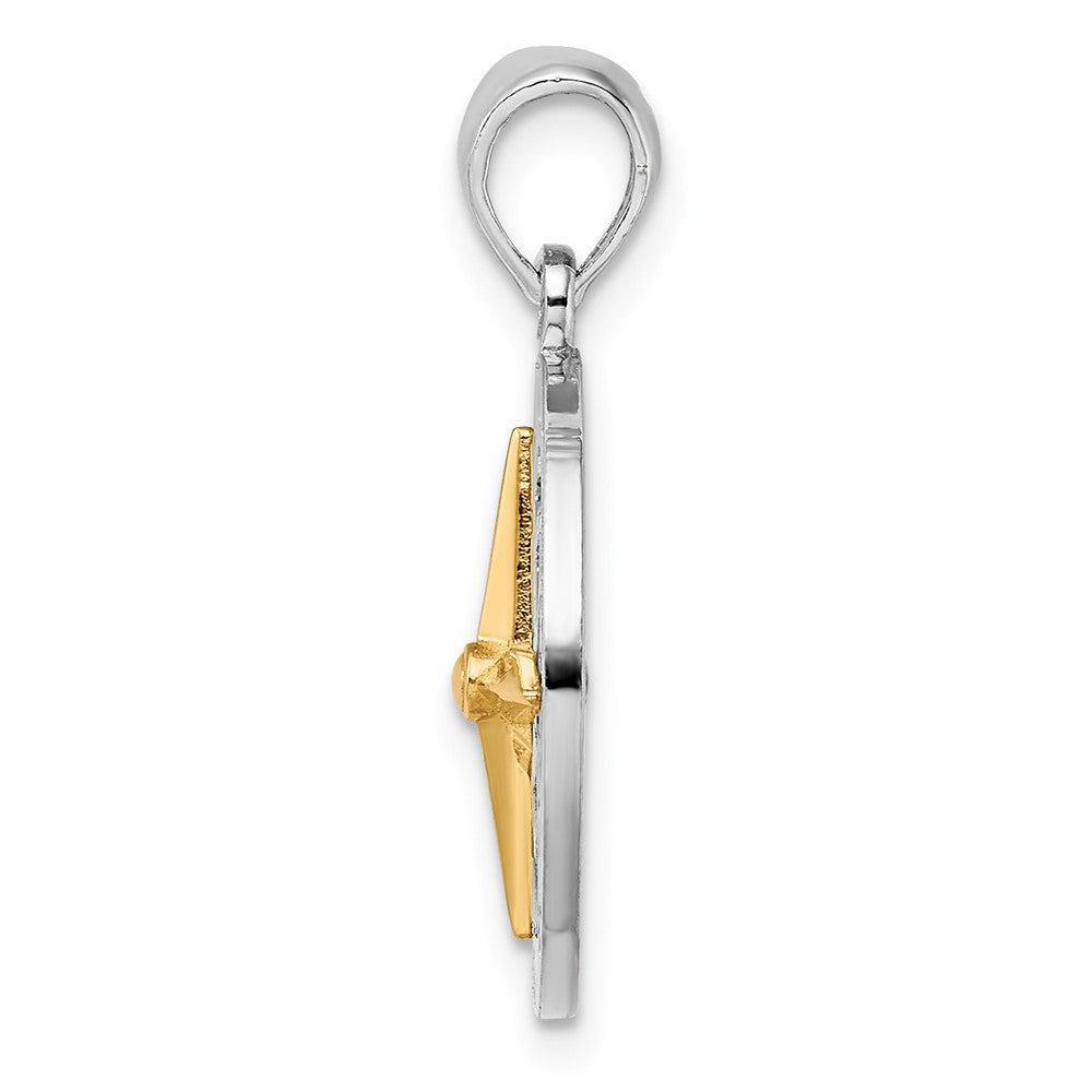 Sterling Silver Rhodium-plated Small Compass w/14k Needle Pendant