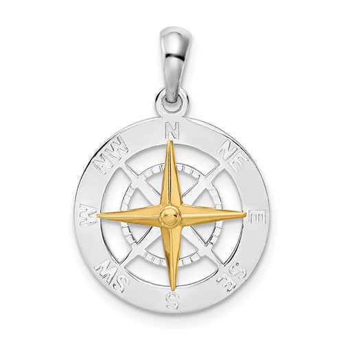 Sterling Silver Rhodium-plated Small Compass w/14k Needle Pendant