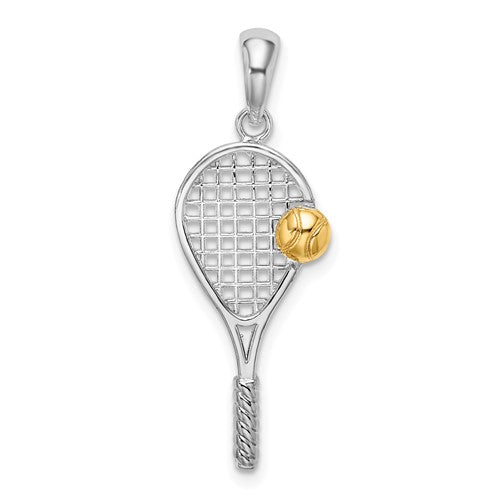 Sterling Silver Rhod-plated Polished Tennis Racquet w/14k Ball Pendant