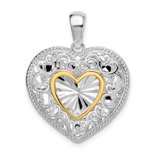 Sterling Silver Rhodium-plated Polished Heart w/14k Accent Pendant
