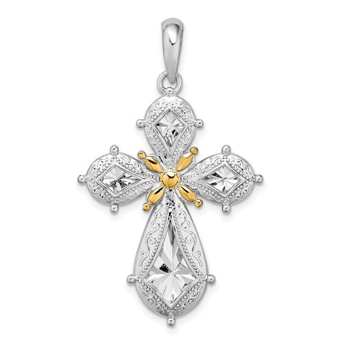Sterling Silver Rhod-plated Polished Filigree Cross w/14k Accent Pendant