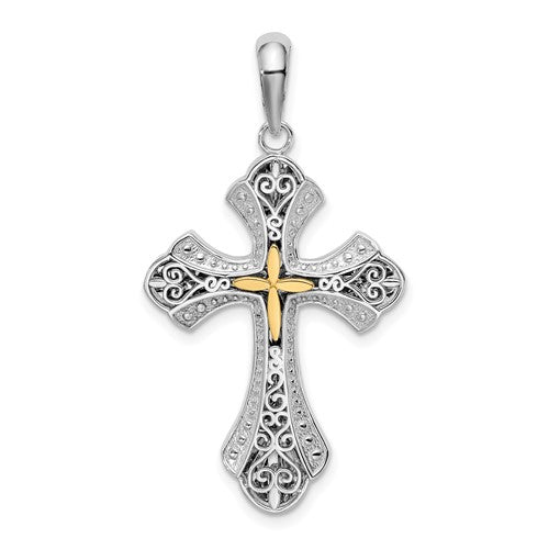 Sterling Silver Rhod-plated Filigree Budded Cross w/14k Accent Pendant