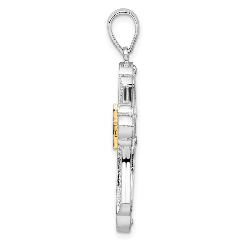 Sterling Silver Rhod-plated D/C Budded Cross w/14k Accent  Pendant