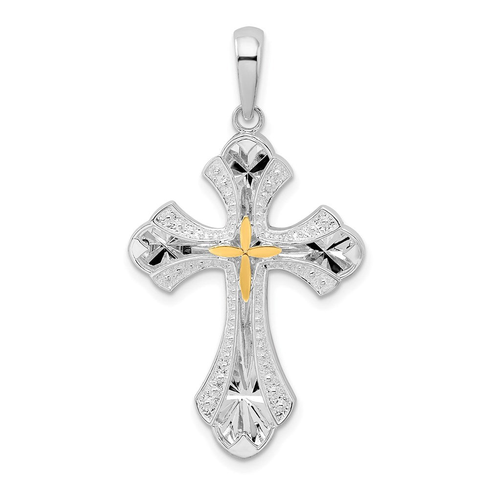 Sterling Silver Rhod-plated D/C Budded Cross w/14k Accent  Pendant