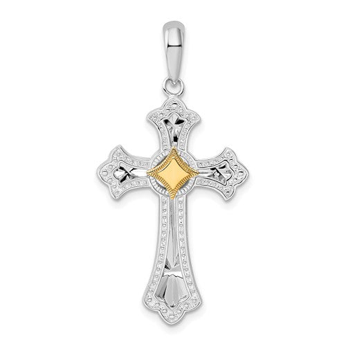Sterling Silver Rhod-plated D/C Fleur de Lis Cross w/14k Accent Pendant