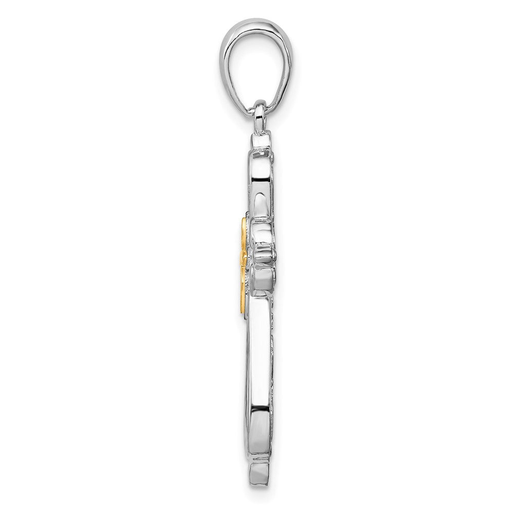 Sterling Silver Rhod-plated D/C Rounded Cross w/14k Accent Pendant