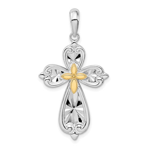 Sterling Silver Rhod-plated D/C Rounded Cross w/14k Accent Pendant