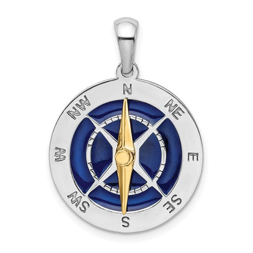 Sterling Silver RH-plated Enamel Compass w/14k Moving Needle Pendant