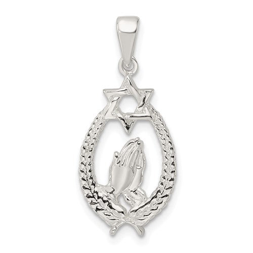 Sterling Silver Polished Star of David w/Praying Hands Pendant