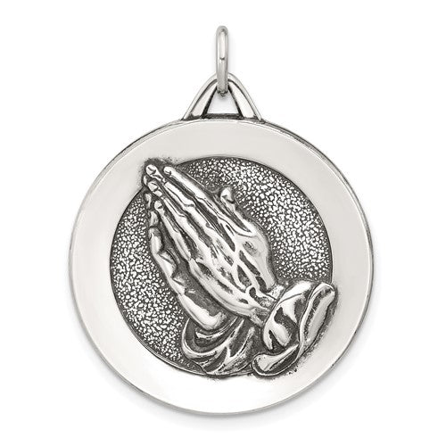 Sterling Silver Antiqued Solid Praying Hands Serenity Prayer Pendant