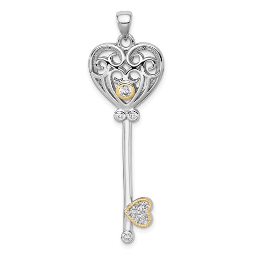 Sterling Silver RH-pl w/14k Accent Polished CZ Fancy Heart Key Pendant