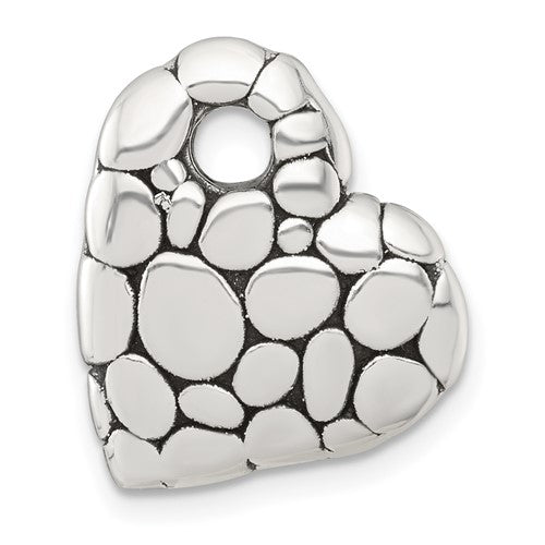 Sterling Silver Polished and Antiqued Pebbled Heart Chain Slide Pendant