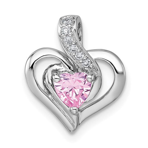 Sterling Silver RH-plated Polished Pink/White CZ Heart Chain Slide Pendant