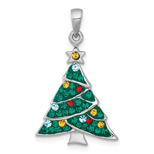 Sterling Silver Rhodium-plated Multi Color Crystal Christmas Tree Charm