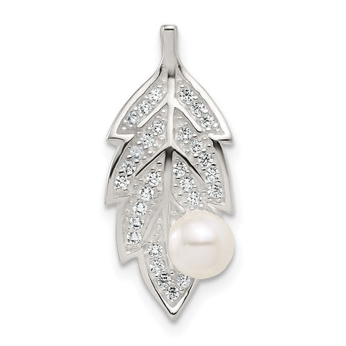 Sterling Silver Polished CZ and Acrylic Pearl Leaf Chain Slide Pendant