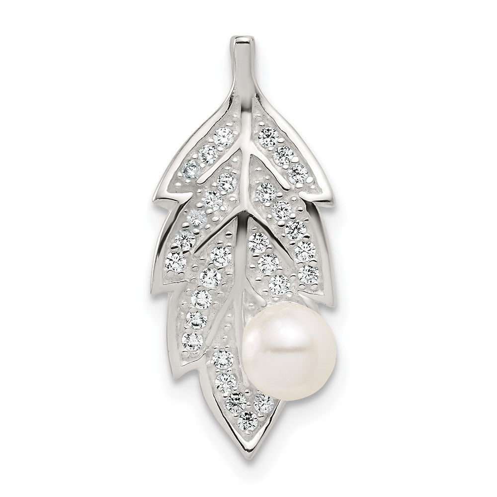 Sterling Silver Polished CZ and Acrylic Pearl Leaf Chain Slide Pendant