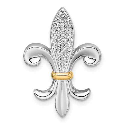 Sterling Silver RH-pl w/14k Accent CZ Fleur De Lis Chain Slide Pendant