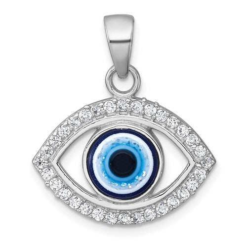 Sterling Silver Rhodium-plated Polished CZ and Glass Evil Eye Pendant