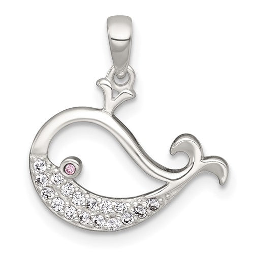 Sterling Silver Polished Pink and White CZ Whale Pendant