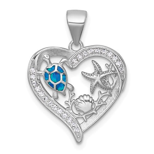 Sterling Silver RH-plat Textured Blue Created Opal CZ Sealife Heart Pendant