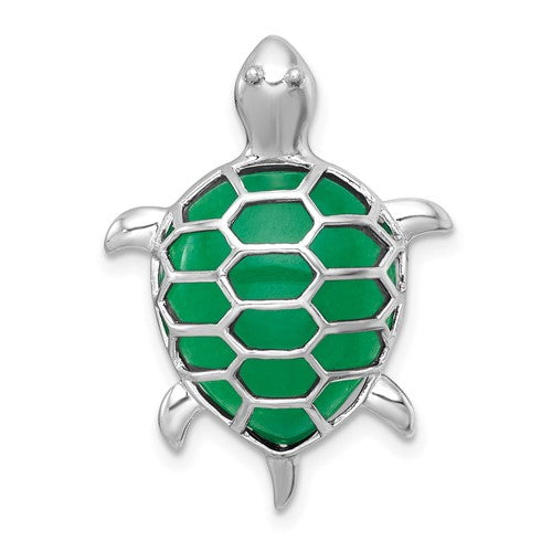 Sterling Silver Rh-plt Polished Dyed Jade Quartz Turtle Chain Slide Pendant