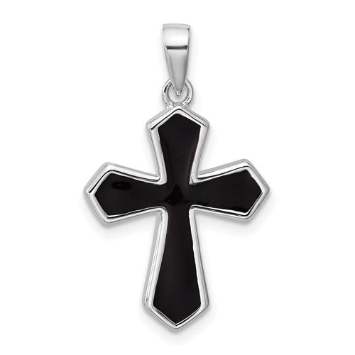 Sterling Silver Rhodium-plated Black Enamel Cross Pendant