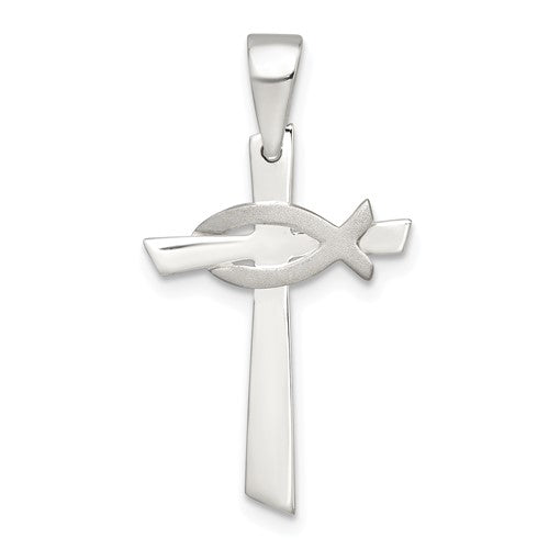 Sterling Silver Polished Cross with Brushed Ichthus Fish Pendant