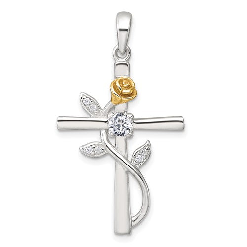 Sterling Silver Gold-tone CZ Cross with Rose Pendant