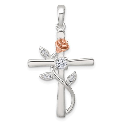 Sterling Silver Rose-tone CZ Cross with Rose Pendant