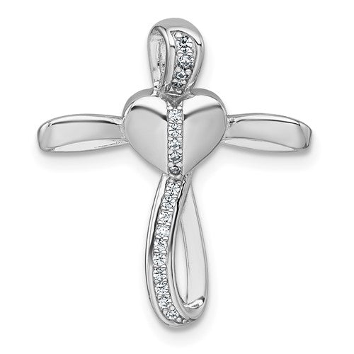 Sterling Silver Rhodium-plat Polished CZ Heart Cross Chain Slide Pendant