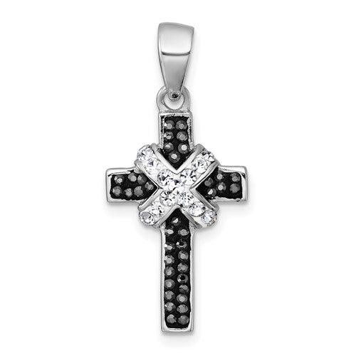 sterling Silver Rhodium-plated Black And White Crystal Cross Pendant