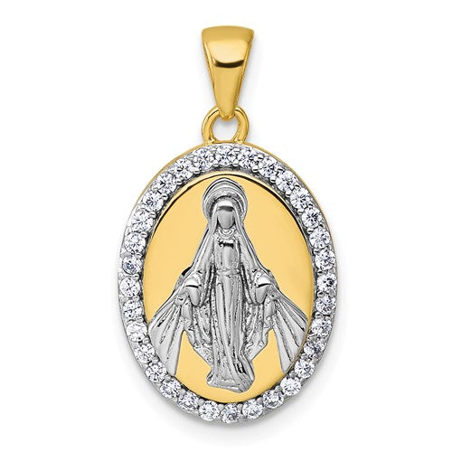 Sterling Silver Rhodium-plated Gold-tone CZ Miraculous Medal Pendant